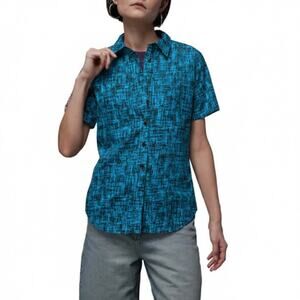 Wildfang Essential Button Up Short Sleeve Shirt Blue Weave Abstract XS NWT